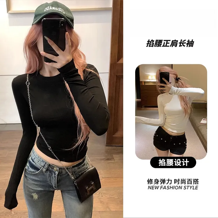 潮牌辣妹上衣掐腰正肩短款t恤长袖女修身显瘦早春打底衫纯色圆领