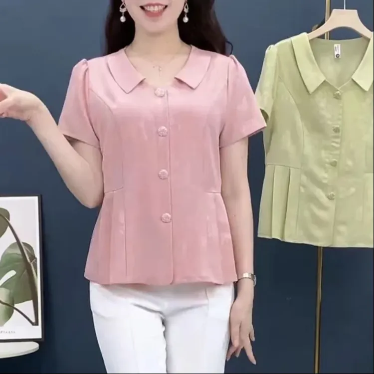 夏季韩版娃娃领气质洋气减龄时尚小衫收腰显瘦遮肚百搭妈妈装上衣