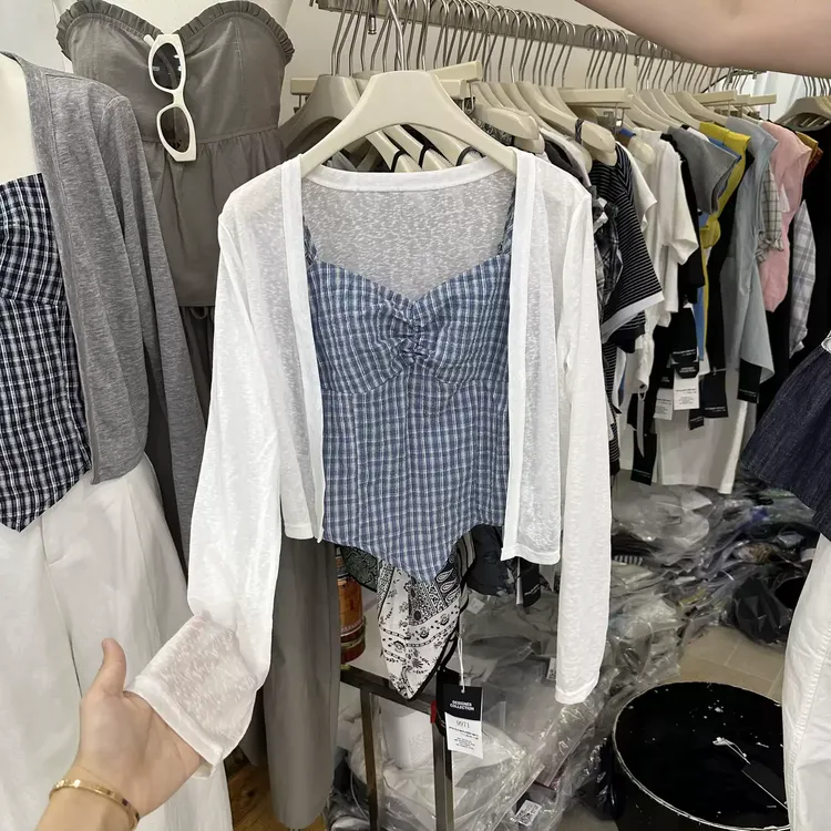 韩系不规则下摆短款格子吊带＋纯色薄款开衫2025夏季新款两件套女