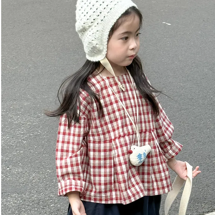 女童衬衫2025秋装女宝韩版女孩复古红格子娃娃衫圆领衬衣短款上衣