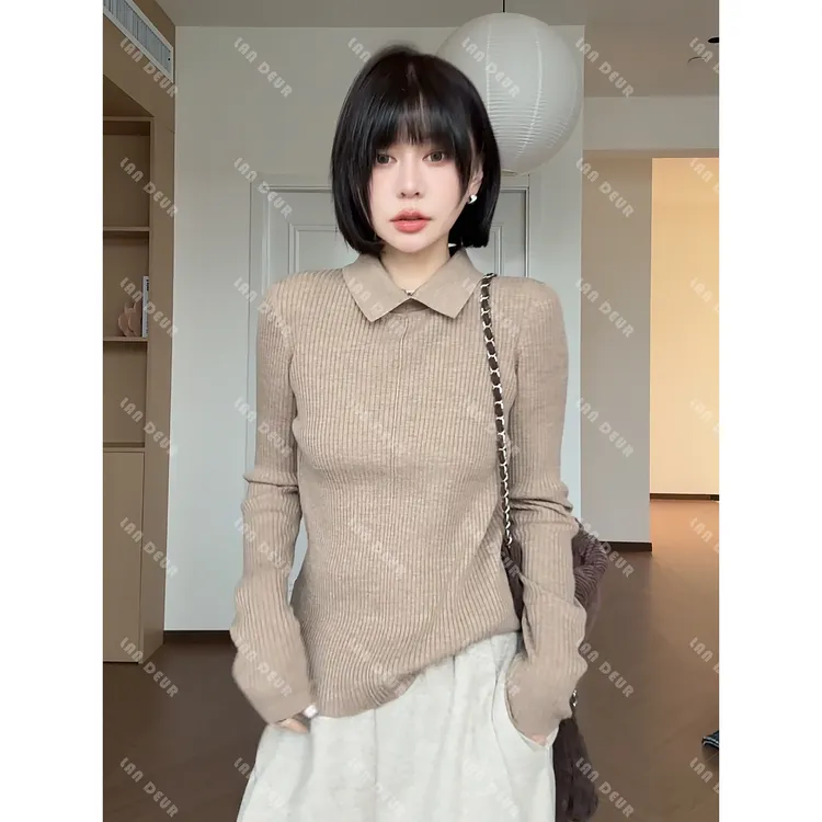 JIUJIU【微甜百利】绵羊毛韩系翻领显瘦打底衫简约百搭针织衫女上衣