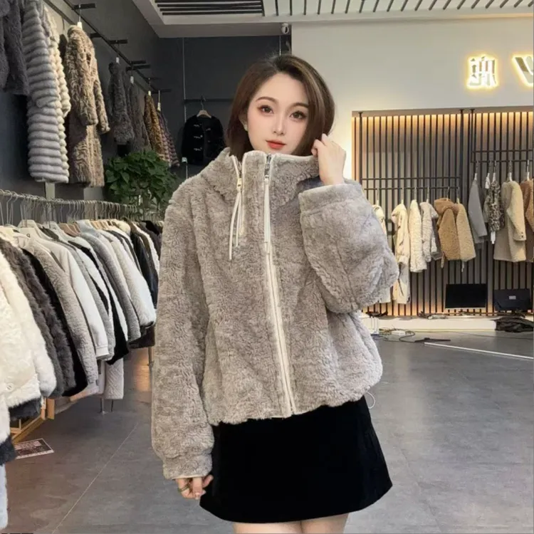 双面双穿2025冬季新款连帽外套女时尚百搭毛毛上衣保暖衣服80131