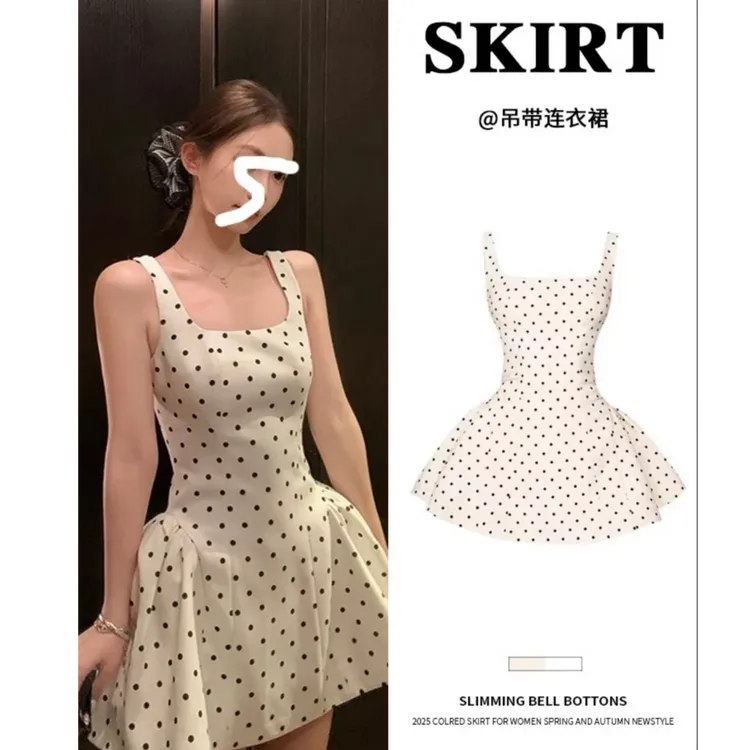 【辣子专属】波点裙显瘦吊带蓬蓬裙法式连衣裙夏季方领高腰甜美千金