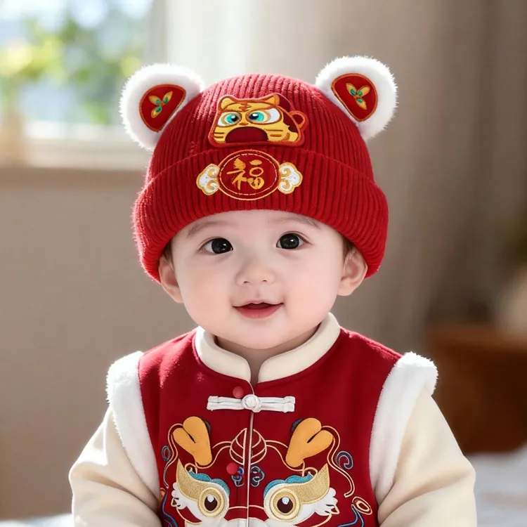 婴儿红色帽子秋冬季保暖加厚套头帽男女宝宝小月龄周岁新年毛线帽
