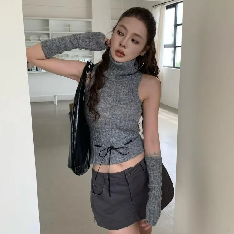 甜美性感风INS风修身型纯欲风套装辣妹韩版针织背心无袖搭半身裙
