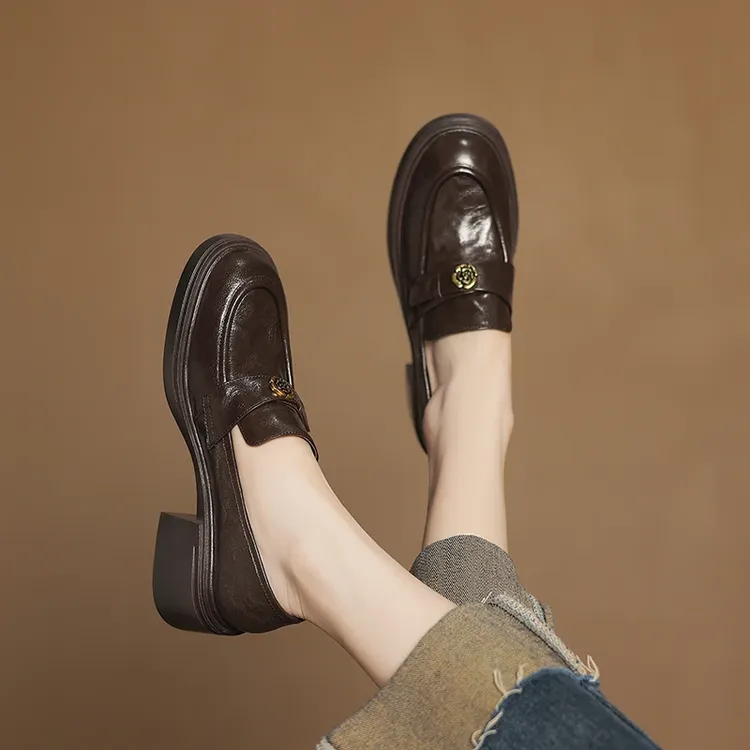 厚底乐福鞋女款2025新款爆款百搭圆头单鞋山茶花复古英伦风小皮鞋