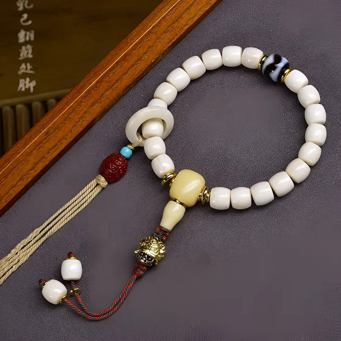 天然老白料驼骨手串单圈直切9mm桶珠藏式复古手链扎基拉姆招米串