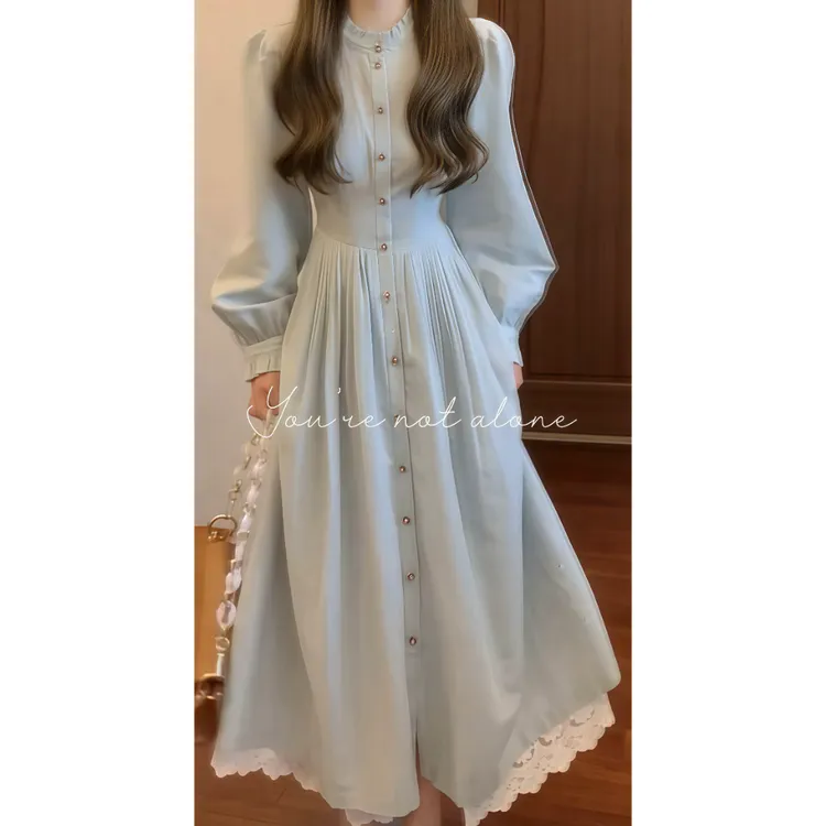 【南法优雅】重工钩花蕾丝拼接法式复古收腰显瘦温柔衬衫裙90001