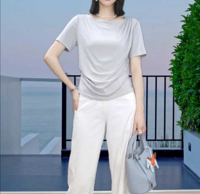 2025夏新款时尚抽褶洋气减龄百搭女装T恤轻奢纯色上衣