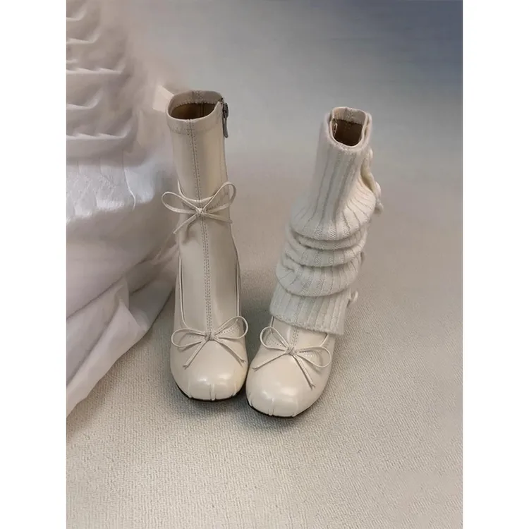 牛皮版~法式温柔芭蕾风蝴蝶结新款瘦瘦靴女后拉链粗跟圆头短靴子