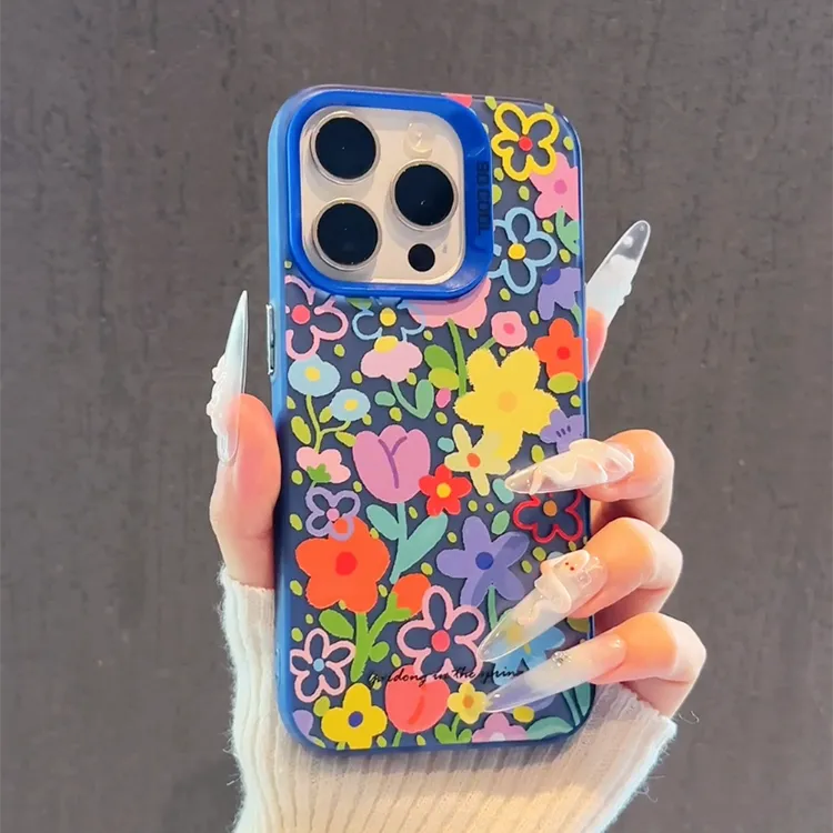 适用苹果16promax磨砂彩银iPhone15手机壳华为60彩色涂鸦春日花朵