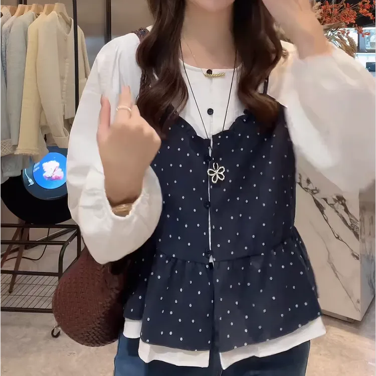 2025秋季洋气老钱风松弛感女假两件衬衫韩版网红衬衣女LK2506019