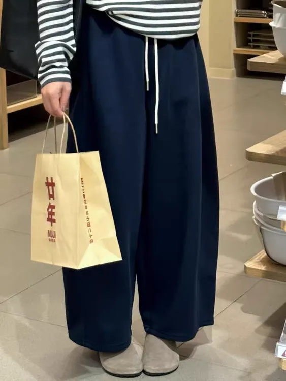 藏青色弯刀阔腿运动卫裤子女大码胖mm显瘦秋季流行风格慵懒休闲裤
