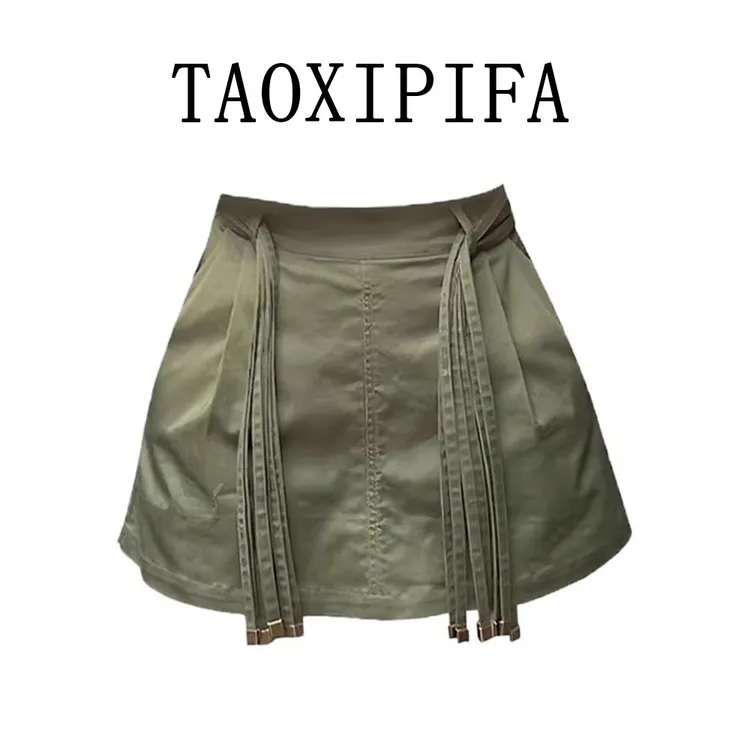 美式复古高级感流苏绑带短款裙裤女夏季设计感宽松A字裙绿色短裤