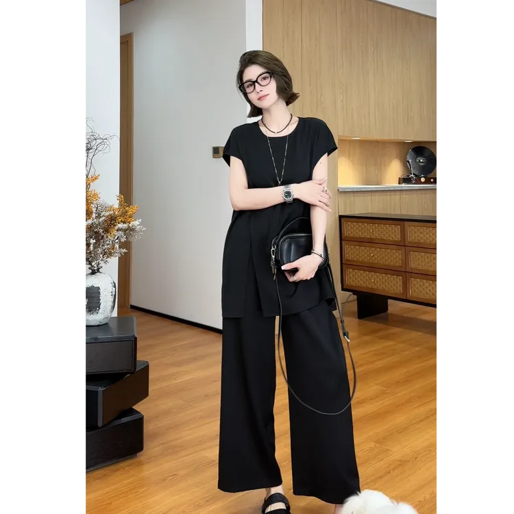 YYOUHAN 2025新款【冰感肌理纹】捏褶T恤休闲裤两件套 2507C4015