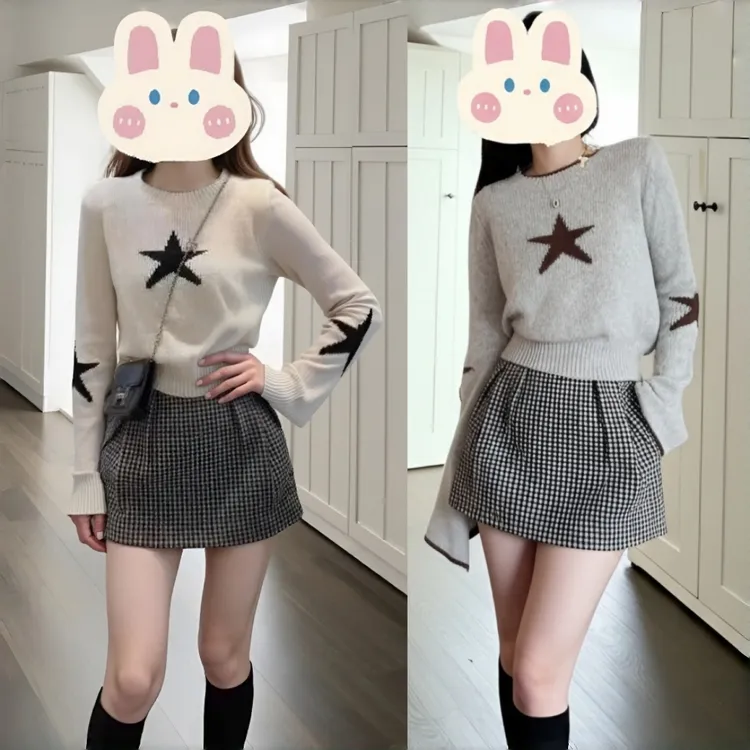 五角星薄款喇叭袖休闲风针织衫+千鸟格时尚网红半身裙BB50512