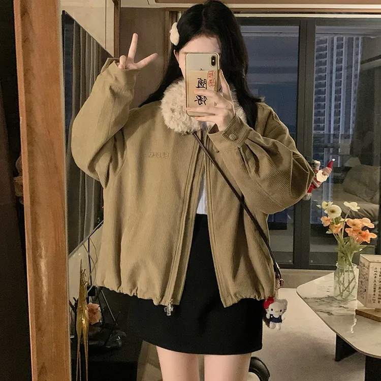 高中生翻领棉衣派克服冬时髦大学生宽松复古灯芯绒棉袄短款外套女