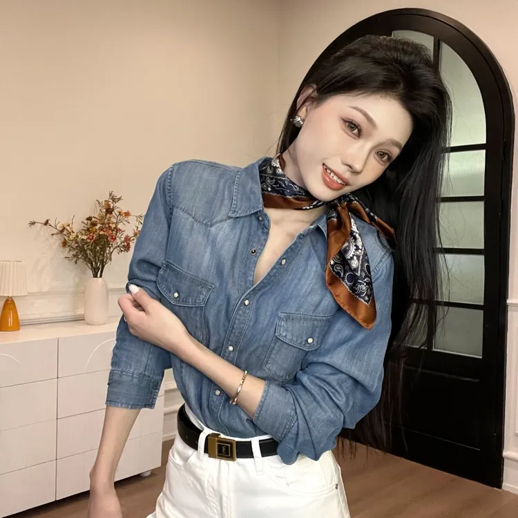 Huangxiaoqi Cowboy修身显瘦牛仔衬衫天丝H-9218