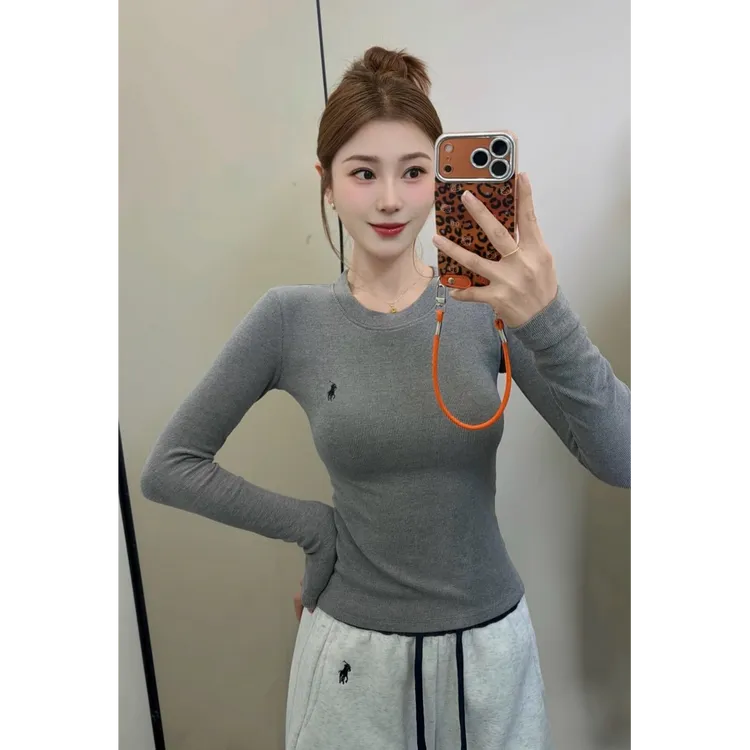 【双面慕斯绒】打底衫女款爆款2025新款内搭长袖小马刺绣印花秋冬T