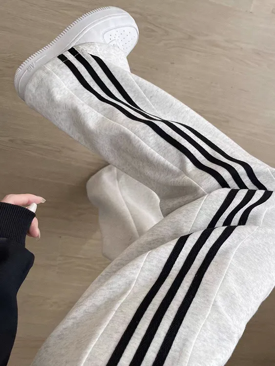 男士春秋季美式三杠条纹长裤子高腰显瘦阔腿裤宽松休闲直筒运动裤