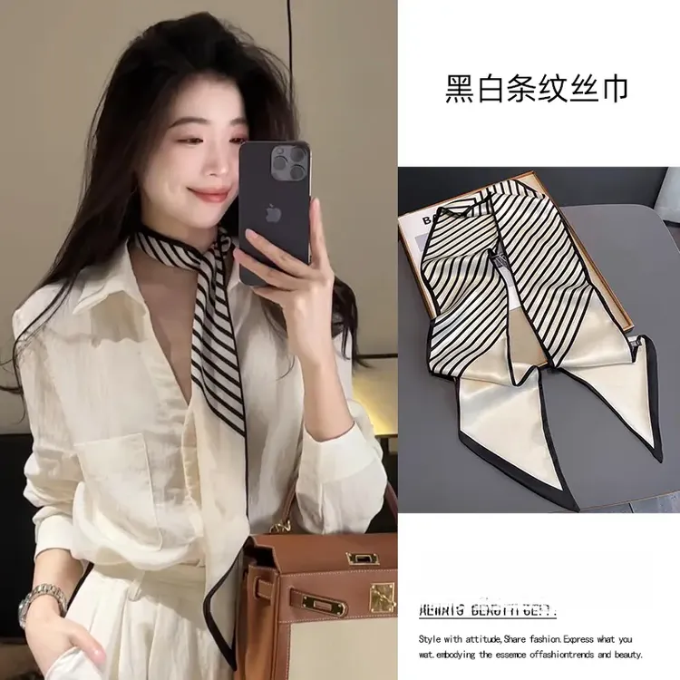 2025新款高级感长条形小丝巾女细窄围巾搭配衬衫领巾夏季飘带绑包