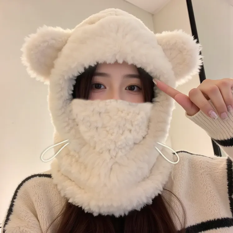 小熊毛绒帽子女秋冬季围脖加绒加厚护耳帽防寒骑车保暖套头雷锋帽