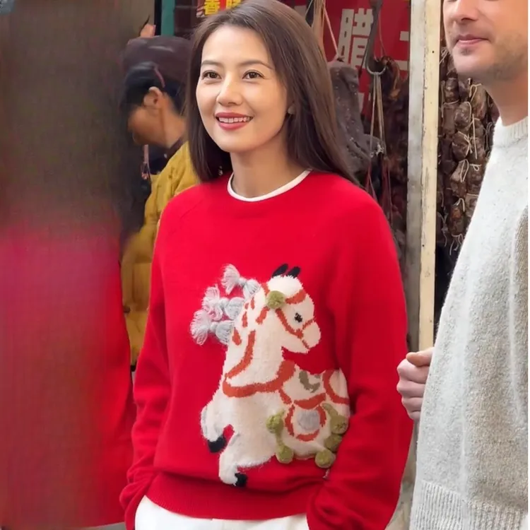 高圆圆同款立体手工小马红色毛衣气质显瘦百搭套头加厚针织上衣