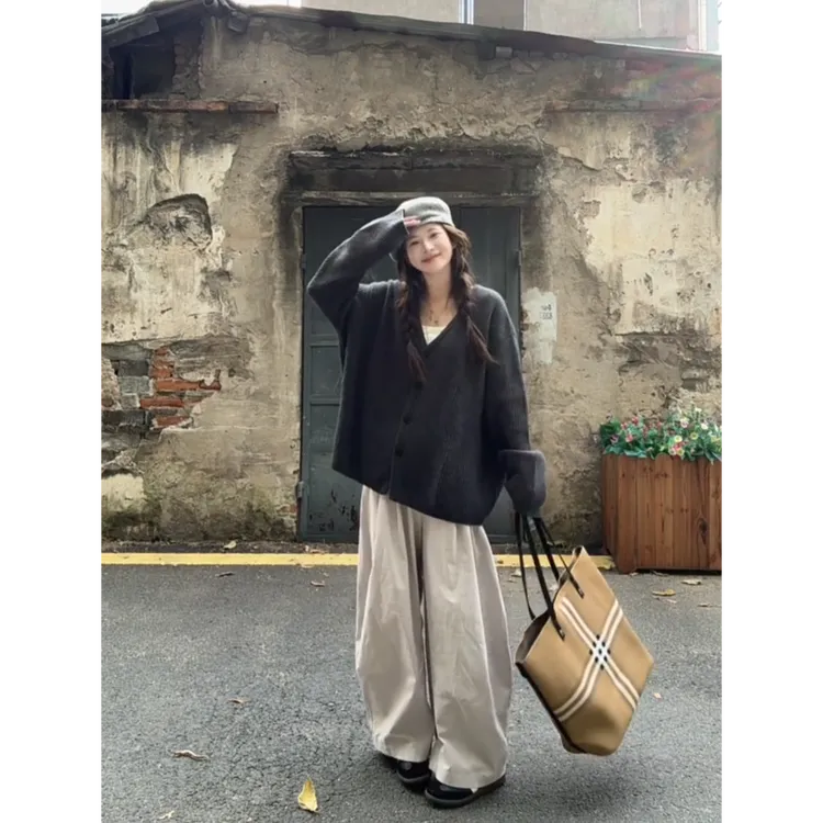 MARIE.COCO秋季慵懒风松弛感两件套女宽松针织外套开衫百搭山本裤