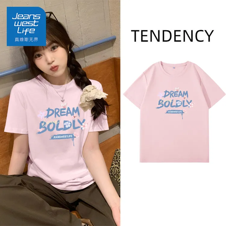 真维斯无界T恤常规圆领短袖美式潮流小众宽松印花韩版百搭款上衣y
