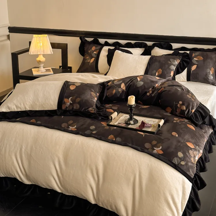 法式复古加厚牛奶绒四件套珊瑚绒花边被套床单床笠保暖床上用品4