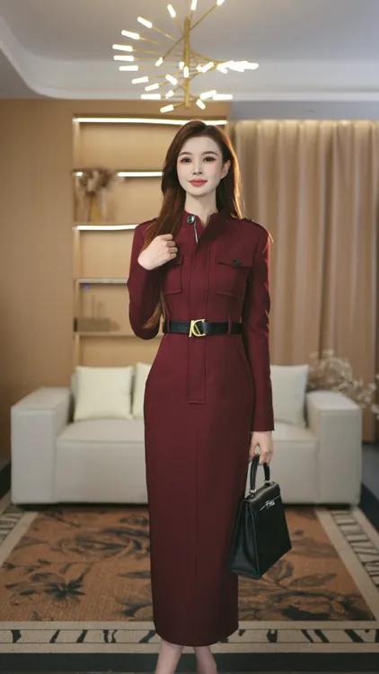 罗曼定制 高定原创设计红色气质高级感长袖女装收腰高领连衣裙女
