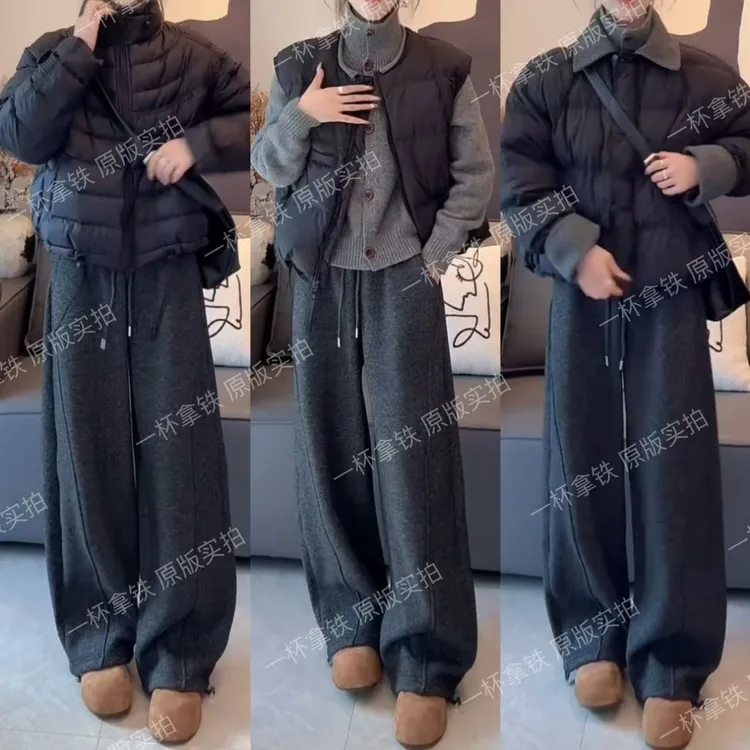 【正版原版➕高货品质】羊绒毛呢冬加绒加厚阔腿裤女高腰垂感弯刀裤