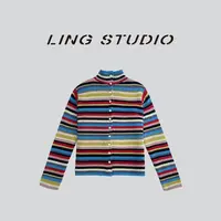 LING/STUDIO『好彩头』100%绵羊毛百搭彩条纹立领开衫毛衣5091305