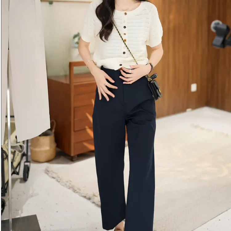 夏季新款简约气质圆领单排扣针织上衣+休闲裤