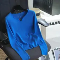 克莱因蓝色长袖针织衫女秋季chic韩版时尚修身显瘦百搭套头打底衫