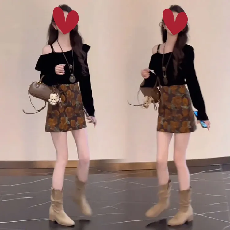 【现货】洋气减龄小心机露肩丝绒上衣女秋季新款短裙套装
