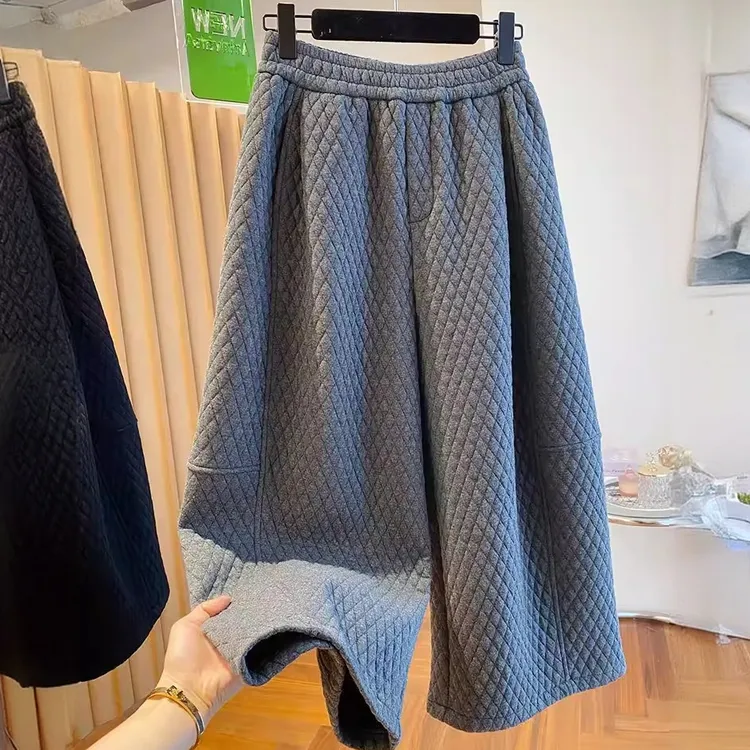 胖MM爆款~大码女装高级感菱形格阔腿裤女秋冬保暖夹棉九分休闲裤