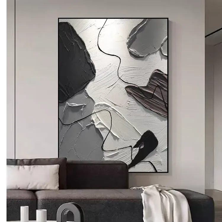 纯手工黑白艺术玄关装饰画现代高级客厅沙发背景墙抽象厚肌理挂画
