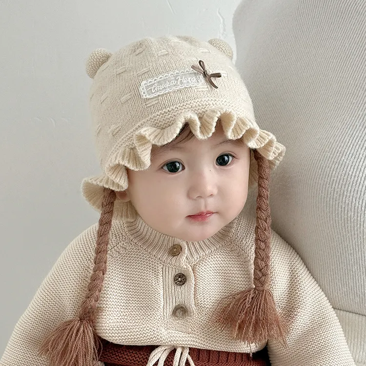 宝宝毛线帽秋冬季女婴幼儿可爱假发辫子针织护耳帽公主渔夫帽保暖