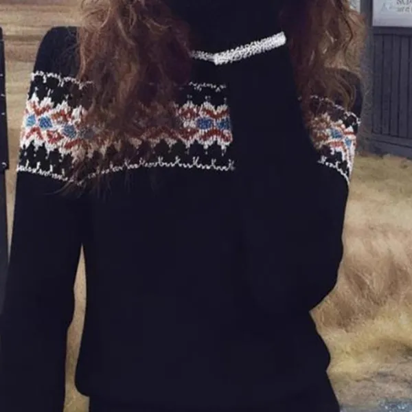 黑色费尔岛提花圆领毛衣女2025冬季韩系复古不撞款宽松针织衫上