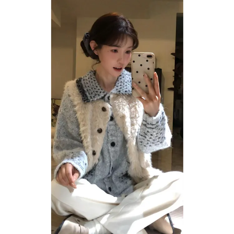 MARIE.COCO毛毛马甲女秋冬季日系针织毛超好看叠穿背心外套两件套