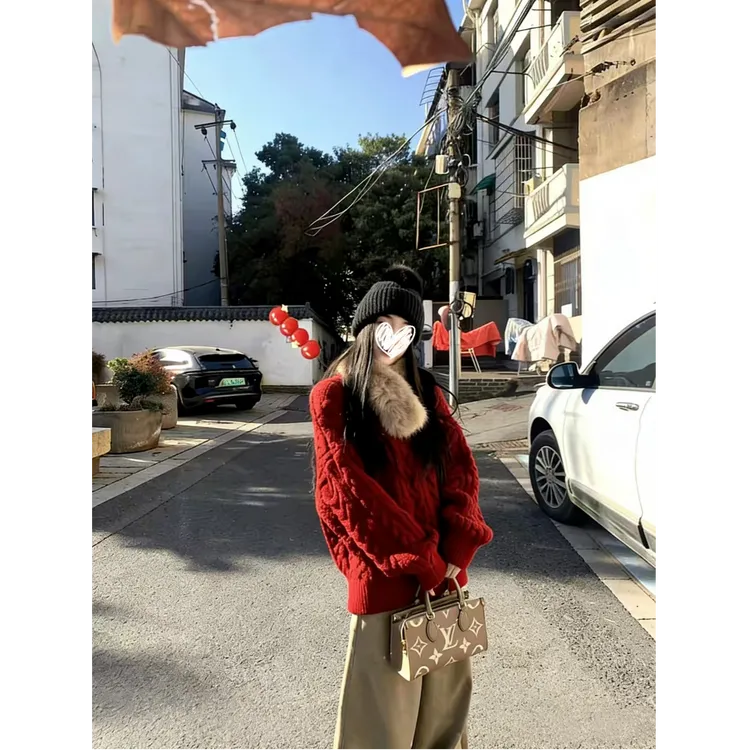 冬季新款节日氛围感宽松休闲上衣红色毛衣+围脖两件套D1107