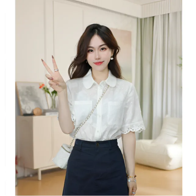 【618抢先购】茵曼夏季纯棉法式提花短袖衬衣女镂空百搭高级感衬衫
