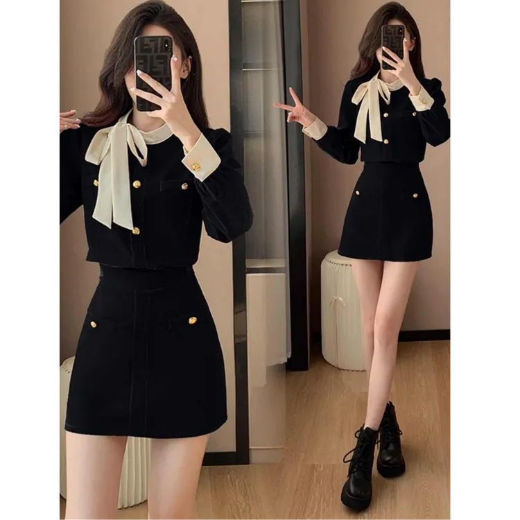 法式小香风蝴蝶结丝绒套装富家千金拼接衬衫女包臀裙A字裙两件套