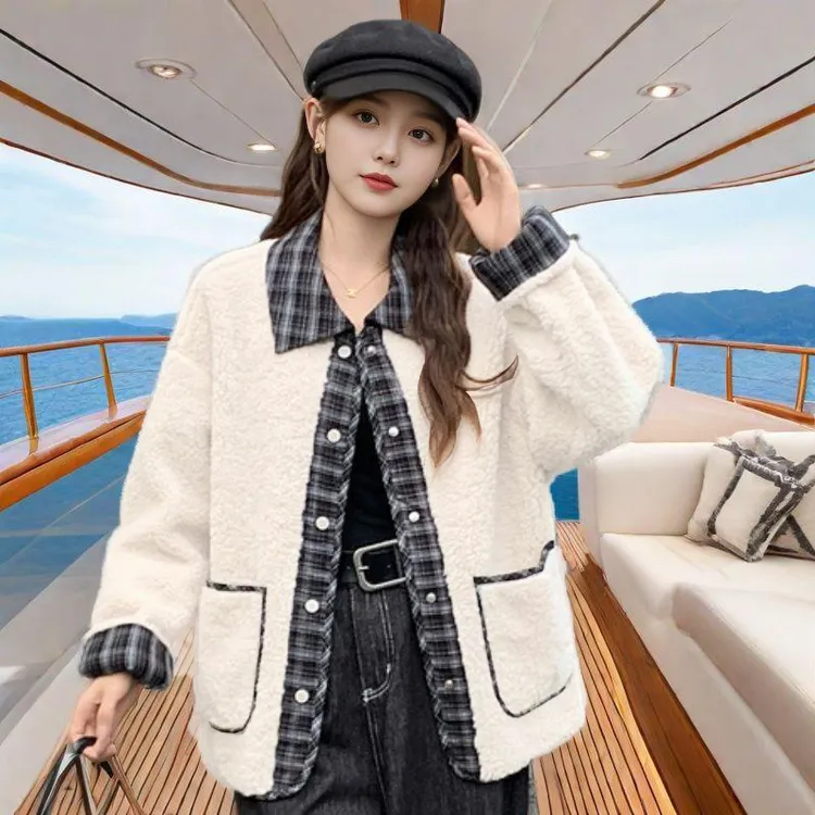 【清仓】小香风韩版加厚时尚宽松慵懒洋气百搭拼接撞色皮毛一体外套