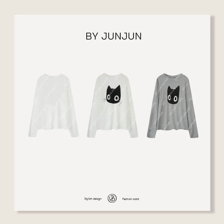 ByJunjun小众设计师 韩版猫咪T恤显瘦长袖圆领打底C24TA0133