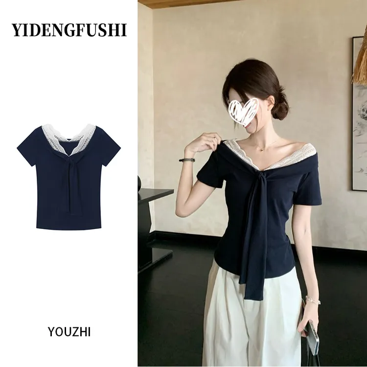 领蕾丝拼接绑带短袖恤女夏季2025新款小众正肩撞色修身显瘦上衣