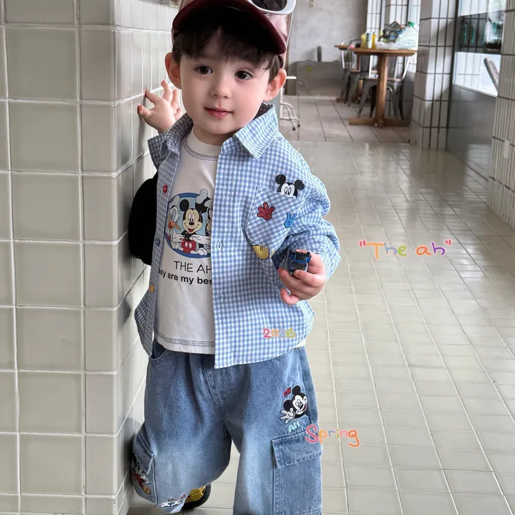 男童套装2026春装新款米奇格子长袖衬衫宝宝卡通休闲牛仔长裤潮酷