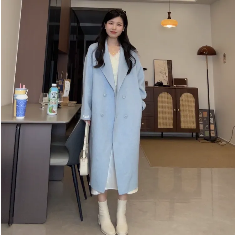 (小西定制）韩版宽松经典显瘦四粒扣气质小个子双面羊毛长款大衣