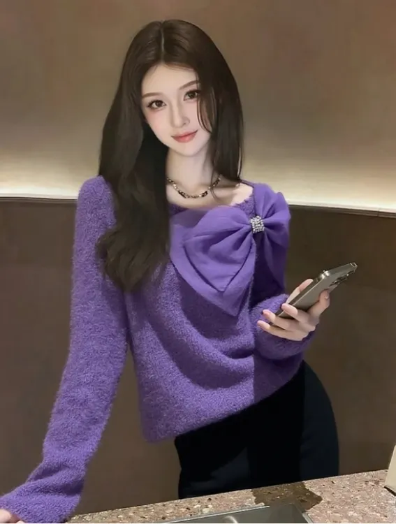巨好看设计感时尚洋气时髦打底衫高级感紫色蝴蝶结针织毛衣女秋冬